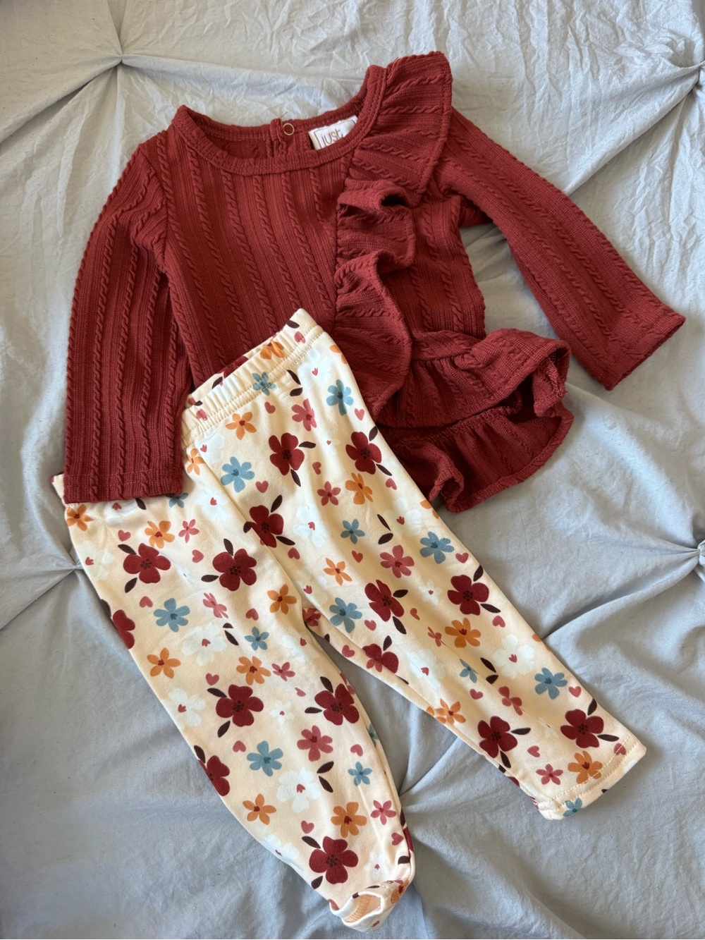 Just Lizzy Girls Rust Ruffle Knit Top with Floral Cream Leggings NWOT